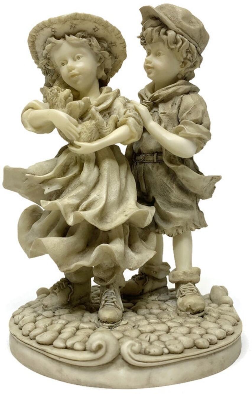 Regency Fine Arts Figurine Boy and Girl With Puppy on Gray Cobbled Base 6.25"